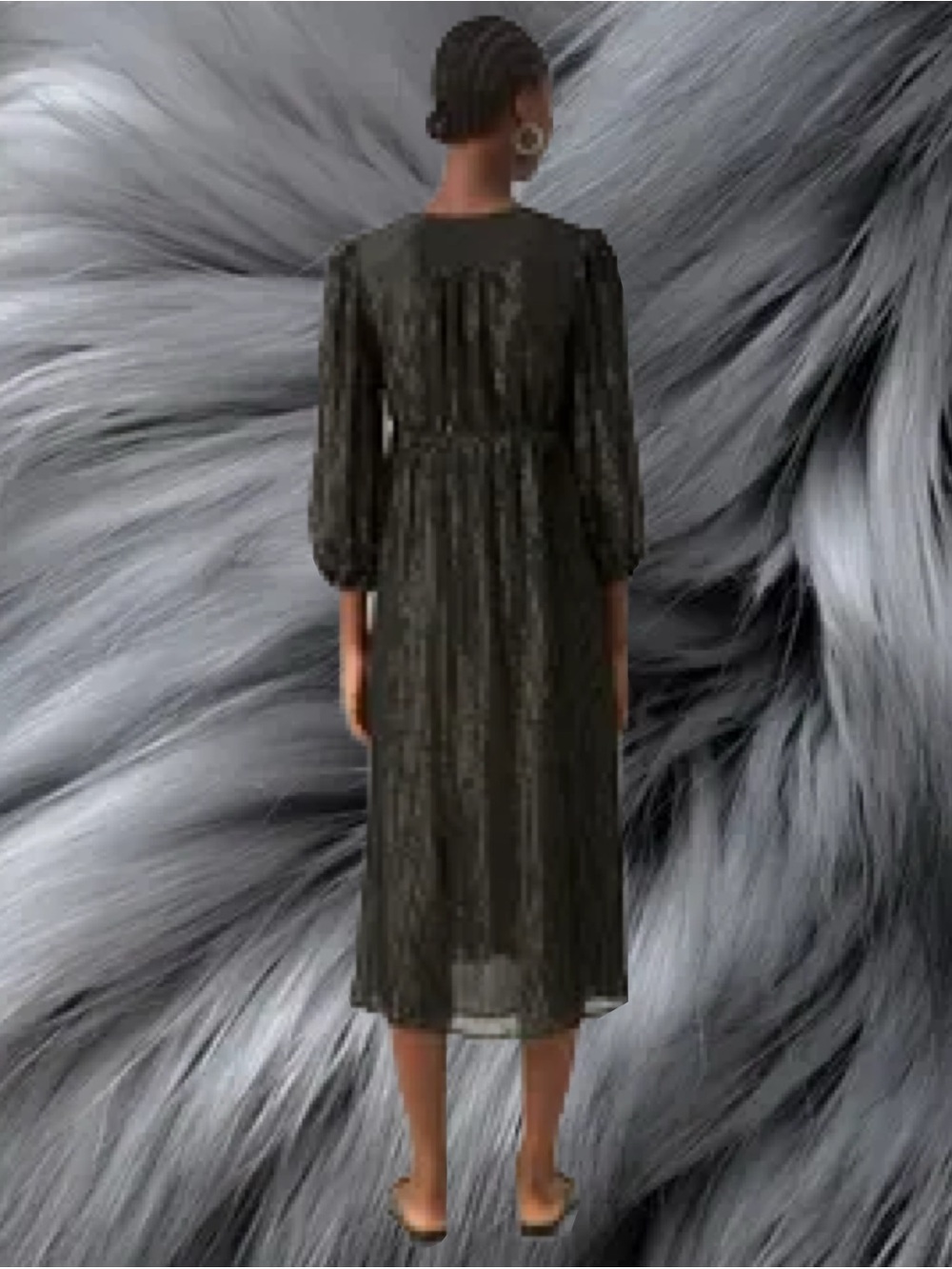 Elegant Black Sparkle Metallic-Striped Midi Dress with Puff Sleeves - Picture 4 of 5